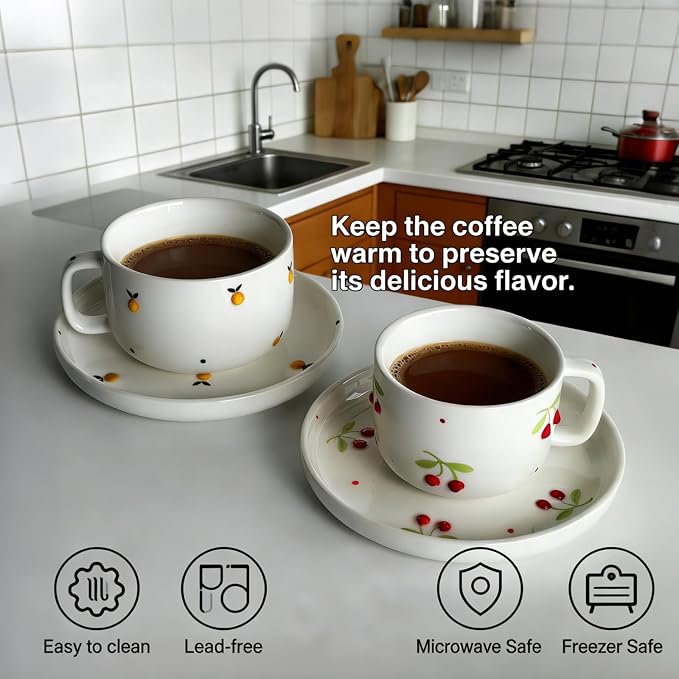 Ceramic Coffee Mug Set of 2, 8 oz Cherry and Lemon Design Cups - Image 4