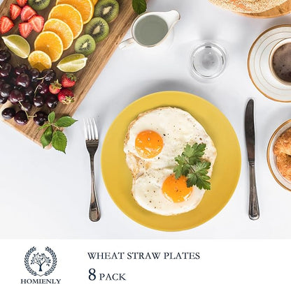 Homienly Flat Dinner Plates Set of 8, Alternative to Plastic, Microwave & Dishwasher Safe, Wheat Straw, Unbreakable Kids Plates (Yellow, 10 inch)