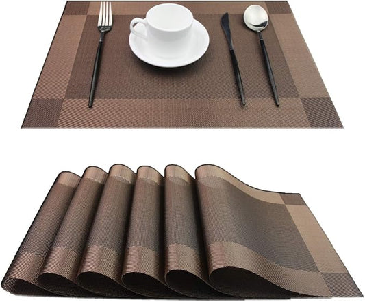 PIGCHCY Place Mats Heat-Resistant Non Slip Placemats Easy Wipe Clean Table Mats Woven Vinyl Placemats for Dining Table(Set of 6, Brown)