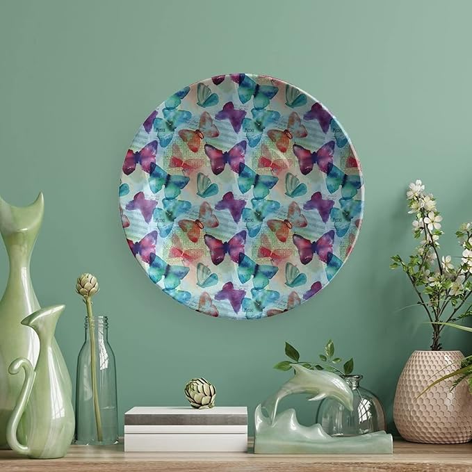 Ceramic Plates, Abstract Decorative Ceramic Plates, Watercolor Rainbow Colored Butterflies and Letterings Music, 6 Inch, for Dining, Parties, Wedding, Multicolor