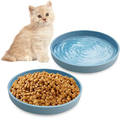 Silicone Cat Food Bowl Shallow Dishes 5.9in Wide Cats Bowls Set of 2 Kitty Plates Relief Whisker Fatigue Puppy Feeding Bowl for Dry Food and Wet Food Indoor (Round Blue)