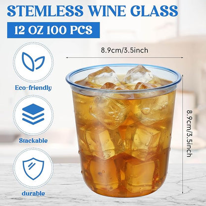 Ziliny 100 Pcs Disposable Stemless Glasses 12oz Crystal Plastic Wine Glasses - Image 3