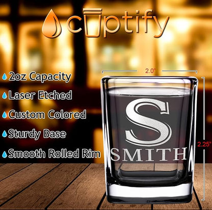 Personalized Square Shot Glasses Set of 8 Black Bottom 2oz Engraved Initial and Name Custom Gifts, Weddings, Birthdays, Party, Event, Decorations