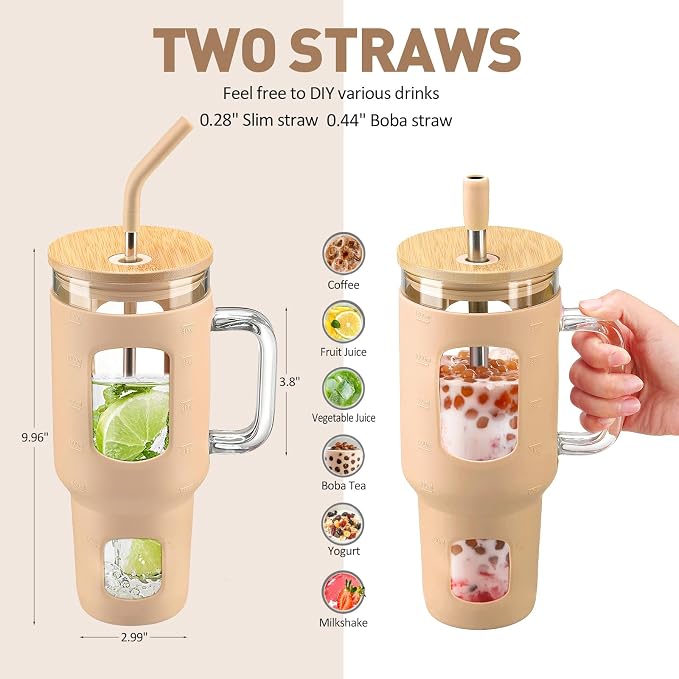 WINSA Glass Tumbler with Straw and Lid, 40 oz, Amber | Iced Coffee Cup with - Image 4