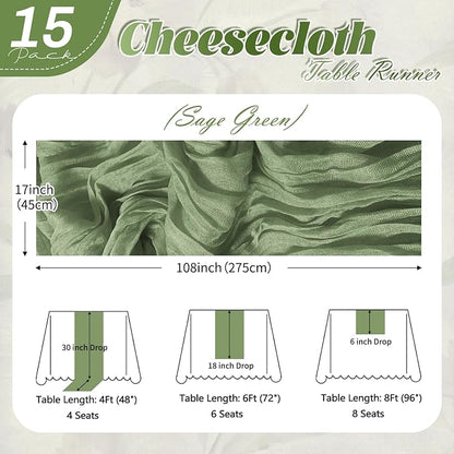 15 Pack Sage Green Cheesecloth Table Runner 17 x 108 inch Cheese Cloth Table - Image 2