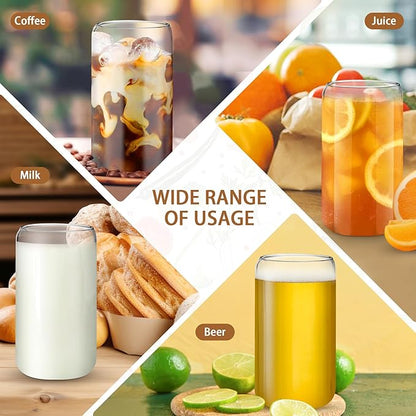 16 OZ Glass Cups with Lids and Straws, 20 Set Can Beer Glass Cups with Bamboo Lids Cute and Reusable Drinking Glasses with Lid Ice Coffee Glasses Great for Beer, Cocktail, Tea and Latte