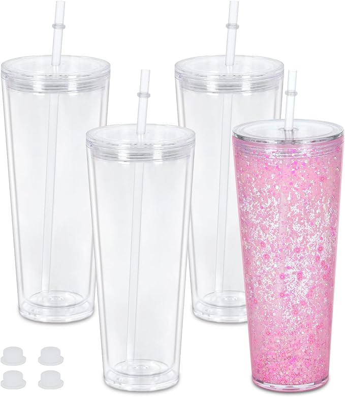 24 Oz Acrylic Snowglobe Tumbler, 4 Pack Pre-Drilled Double Wall Acrylic Clear by Maucircol