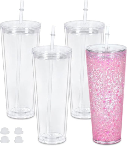 24 Oz Acrylic Snowglobe Tumbler, 4 Pack Pre-Drilled Double Wall Acrylic Clear by Maucircol