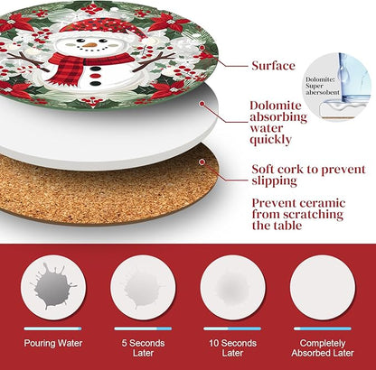 Christmas Coasters with Metal Holder Vintage Santa Drink Coasters Coasters Round Absorbent Ceramic Stone Coaster for Home Kitchen Table Decor Set of 6