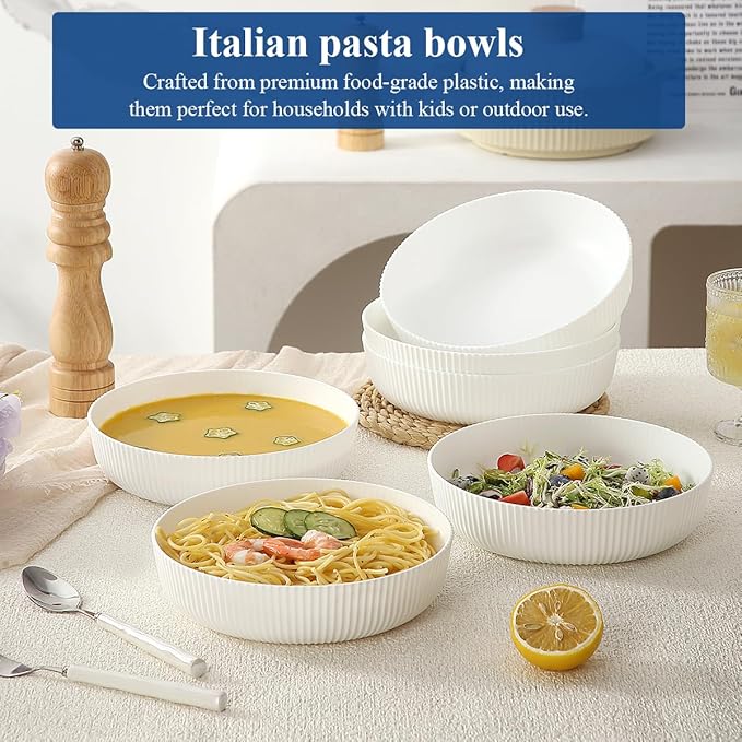 HOMQUEN Pasta Bowls Set of 6, 37oz Salad Bowls White Soup Bowls, Large Pasta - Image 3