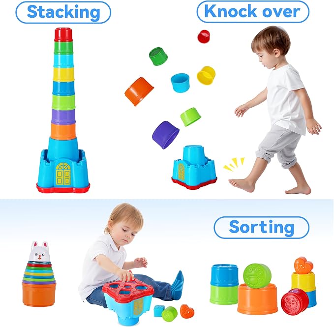 iPlay, iLearn Baby Stacking Cup Toy, Toddler Stackable Block w/Shape Sorter | - Image 2
