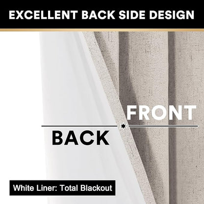 PrinceDeco 100% Black Out Curtains 64 inch Long 2 Panels for Bedroom Anti-Rust Grommet Thermal Insulated Flax Textured Full Blackout Window Draperies with White Liners,Set of 2,W42 X L64,Natural