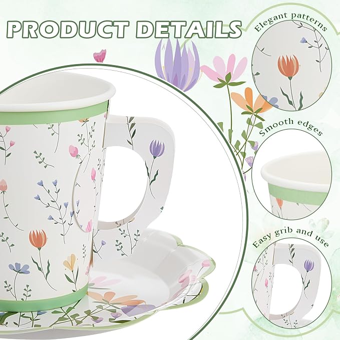 FillTouch 100 Sets Wildflower Floral Paper Tea Cups and Saucers Disposable - Image 2