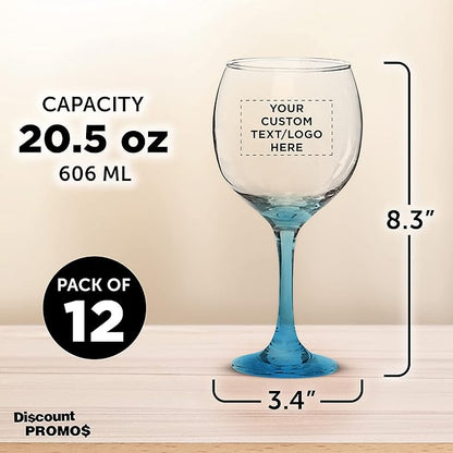 Custom Premiere Wedding Wine Glasses 20.5 oz Set of 12, Personalized Bulk Pack - Restaurant Glassware, Perfect for Red Wine or White Wine - Blue