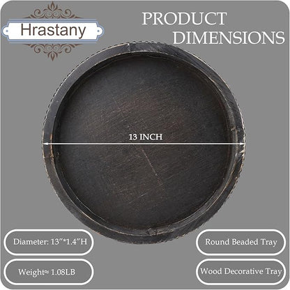 Round Wooden Serving Tray with Beads, Circle Vintage Black Wood Coffe Table Tray for Dining Room Table Centerpiece, Kitchen Counter