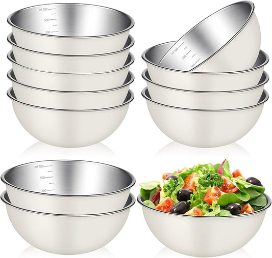 12 Pcs 0.74qt Stainless Steel Mixing Bowls Nesting Metal Prep Salad Bowls with Scale Reusable Baking Cooking Food Soup Storage Organizers for Kitchen Refrigerator