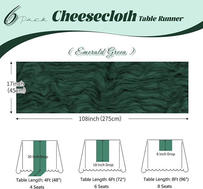 6 Pack Emerald Green Cheesecloth Table Runner, 17 x 108 inch, Semi Sheer Boho - Image 3