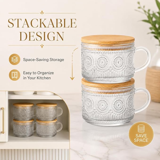 Semderm Vintage Glass Coffee Mugs Set of 2, Overnight Oats Containers - 14oz - Image 8