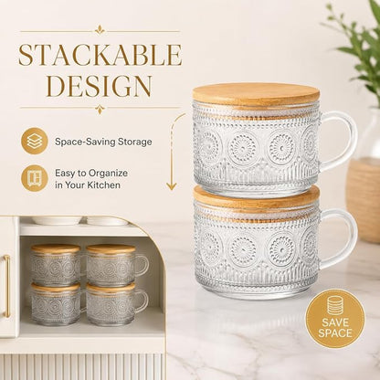 Semderm Vintage Glass Coffee Mugs Set of 4, Overnight Oats Containers - 14oz - Image 8