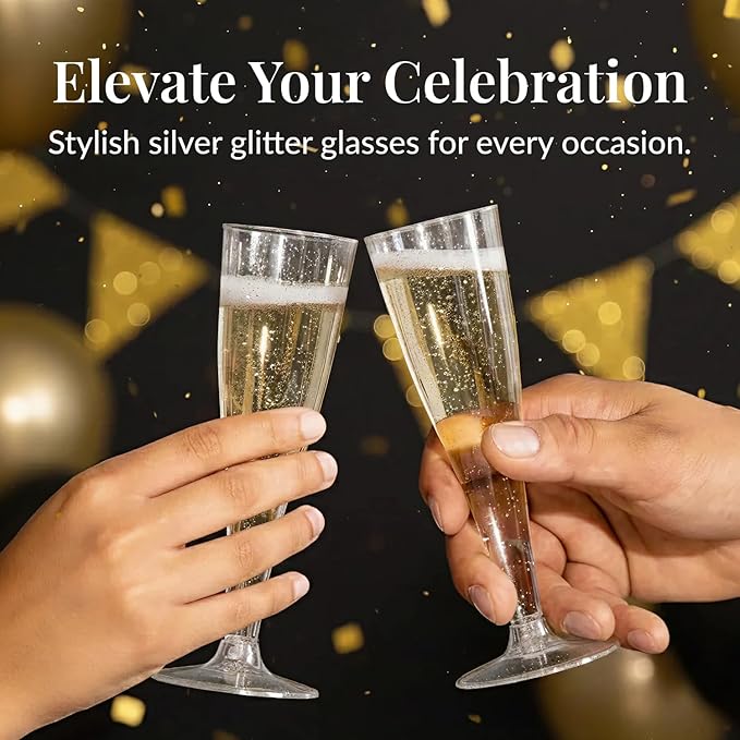 Prestee 24 Champagne Flutes Plastic - Disposable Flute - Silver Glitter Plastic Glasses for Parties - Mimosa Bar, Wedding, Shower Party, New Years Eve Party Supplies 2025 (Silver)