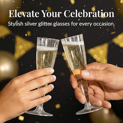 Prestee 24 Champagne Flutes Plastic - Disposable Flute - Silver Glitter Plastic Glasses for Parties - Mimosa Bar, Wedding, Shower Party, New Years Eve Party Supplies 2025 (Silver)