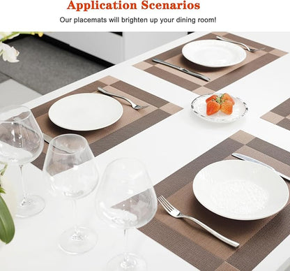 Placemats Set of 4,Washable,Heat and Stain Resistant Indoor/Outdoor Place mats,Vinyl Woven Non Slip Table Mats for Restaurant Table Protection,PVC Placemats(Brown,4PCS)
