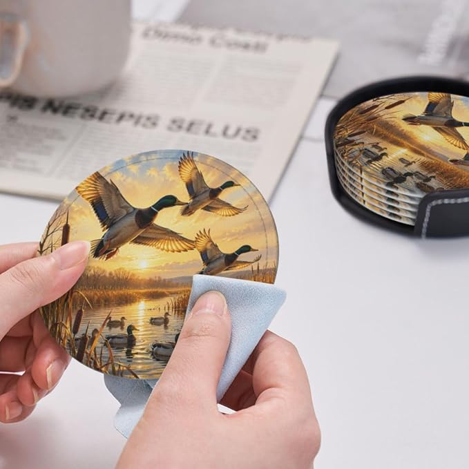 Mallard Duck Sunset Art Leather Coasters Set of 6 - Image 6