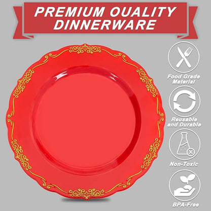 U-QE 100PCS Red Plastic Plates - Heavy Duty Red Disposable Plates Disposable with Gold Rim - Include 50PCS 10inch Dinner Plates and 50PCS 7.5inch Dessert/Salad Plates for Party