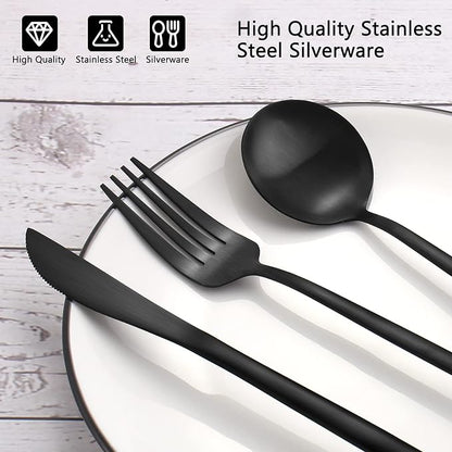 Matte Black Silverware Set, VANVRO 60-Piece Stainless Steel Flatware Set - Image 4
