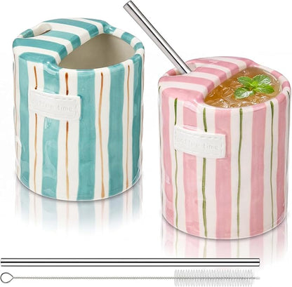 2 Pack Ceramic Coffee Mug with Sip Hole Espresso Cup 10oz with Straws Retro by Ferrochef