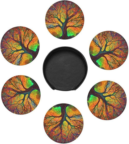 Tree of Life Colorful Leaves Leather Coasters Set of 6 - Image 7
