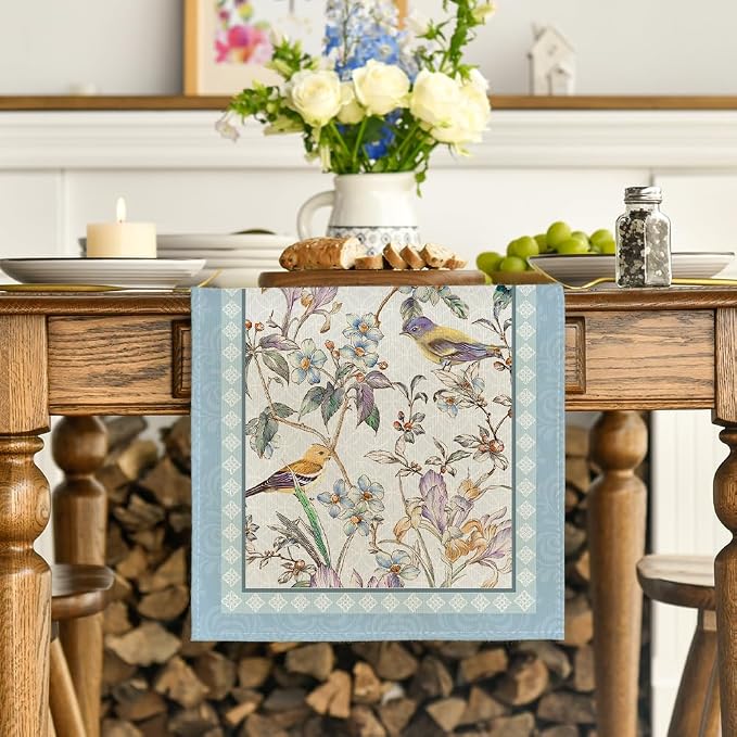 Artoid Mode Blue Birds Flowers Blossom Table Runner, Seasonal Spring Floral - Image 2
