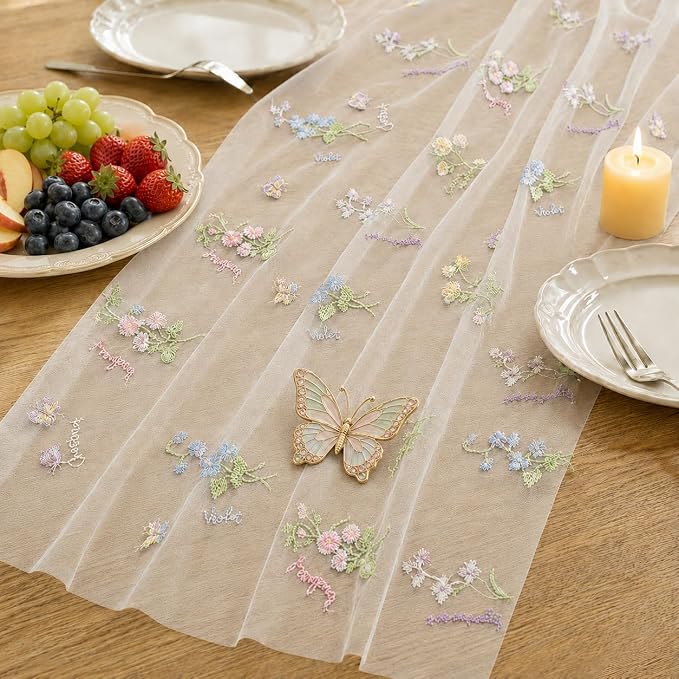 Wildflower Tulle Table Runner Butterfly Floral Wedding Party Home Decor | White - Image 5