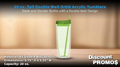 DISCOUNT PROMOS Tall Orbit Acrylic Tumblers 20 oz. Set of 10, Bulk Pack - Perfect for Iced Coffee, Soda, Other Hot & Cold Beverages - Lime Green