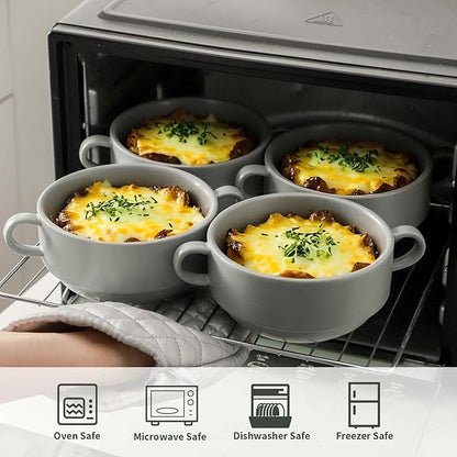 Soup Bowls, 22 oz French Onion Soup Bowls with Handles, Stackable Ceramic Bowls Set of 4, Dinner Bowls for Chili, Beef Stew, Soup, Cereal, Oven Microwave Dishwasher Safe, Matte Gray