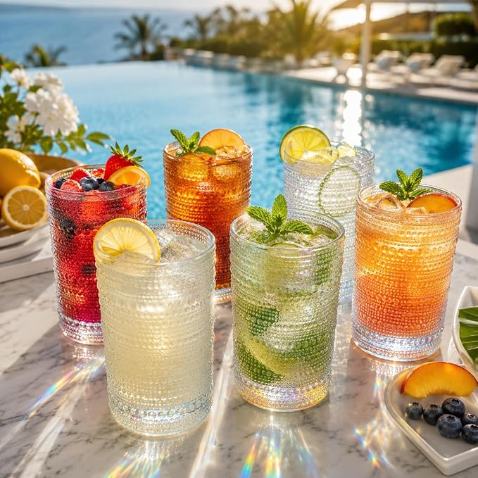 Hobnail Beaded Highball Drinking Tumbler Glasses | Set of 6 | Iridescent Pearl - Image 8