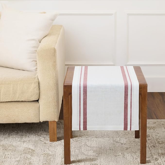 Solino Home 100% Linen Table Runner, 14 x 36 in, Burgundy and White Striped | by SolinoHome