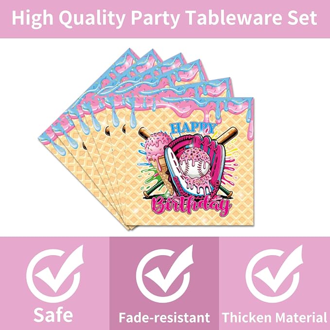 EUOYUFO 96Pcs Ice Cream Party Decorations Tableware Set Ice Cream Baseball Drip - Image 3