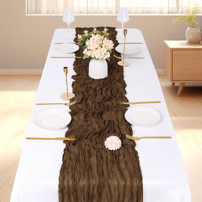 3 Pack Brown Cheesecloth Table Runner, 17 x 108 inch, Semi Sheer Boho Cheese - Image 2
