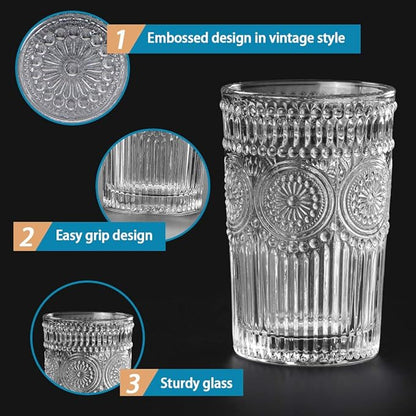 MDLUU Embossed Water Glasses, Romantic Glassware, Vintage Drinking Glasses, Glass Tumblers for Juice, Beverages, Cocktail, Capacity 12.5oz/370ml, Set of 4