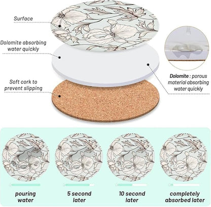 Ceramic Coasters Set of 6, Marble-Textured Design with Holder - Absorbent Cork-Backed Coasters for Cups, Bar & Coffee Table Decor Accessories (Flower-Leaves, 6 Pack)