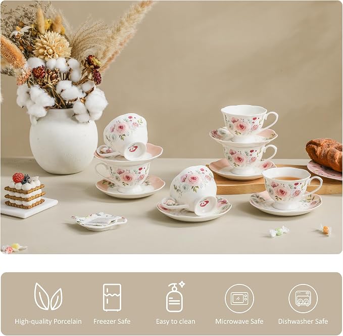6oz Floral Porcelain Tea Cup & Saucer Set of 6, Party | Rose pattern - Image 3
