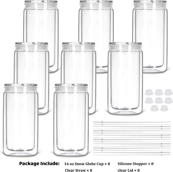 8 Pack plastic Snow Globe Tumbler, 16 Oz Double Wall Plastic Can - Image 6