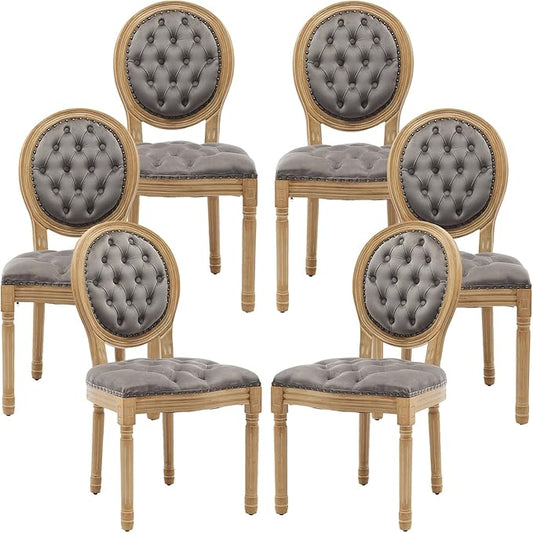 Vintage French Dining Chairs Set of 6, Round Back Velvet Upholstered Accent Chairs with Nailhead Trim and Solid Wood Frame, Elegant Sillas de Comedor for Dining Room & Kitchen, Gray