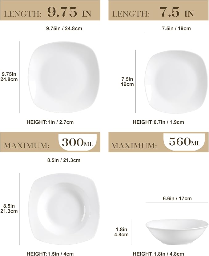 MALACASA Dinnerware Sets, 24-Piece Porcelain Square Dishes, Chip and Scratch - Image 2