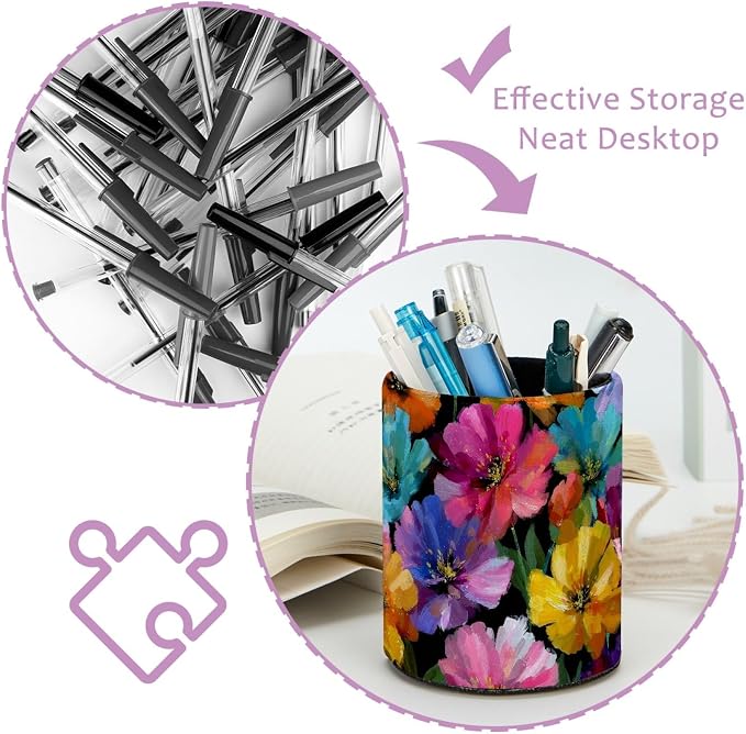 Leather Pen Holder for Desk, Oil Painting Flower Pencil Cup Pen Organizer - Image 4