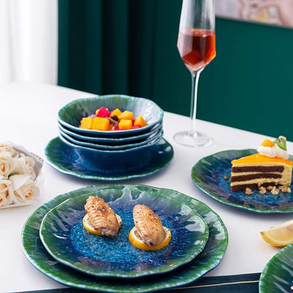 Melamine Dinnerware Set 12 PCS Teal Turquoise Tableware Plates Bowls Blue Green Dishwasher Safe Not Microware Not Oven