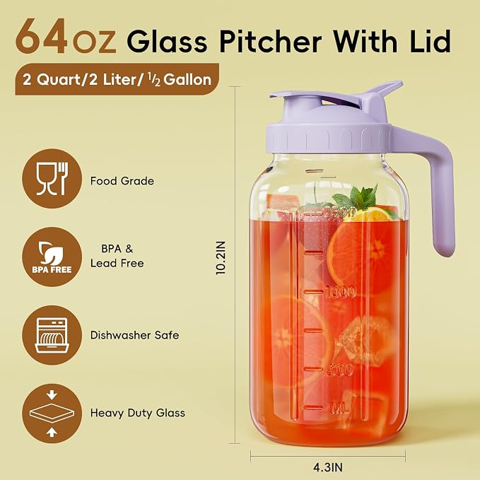 Glass Pitcher with lid, 64 oz Wide Mouth Mason Jar | Dual leak-proof lid - Image 2
