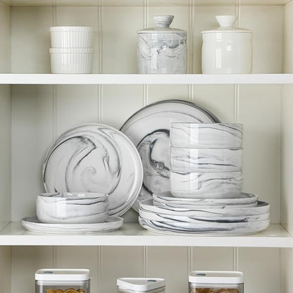 MALACASA Plates and Bowls Sets, 12 Pieces Porcelain Dinnerware Sets Dishware Sets Chip Resistant Ceramic Dish Set Dining Dinner Ware Service for 4, Marble Grey, Series LUNA