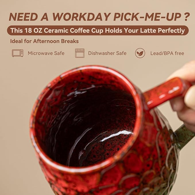 18oz Unique Red & Green Kiln-Change Ceramic Coffee Mug, Handcrafted Hammered - Image 4